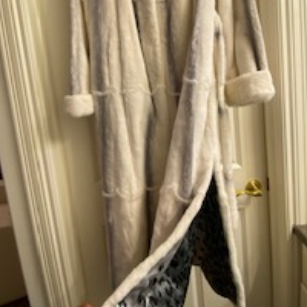 White and grey full length fur coat and head wrap